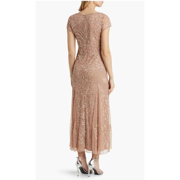 PISARRO NIGHTS New Beige Nude Beaded Mesh Midi Cocktail Dress Holiday NWT Sz 4 - Picture 4 of 11